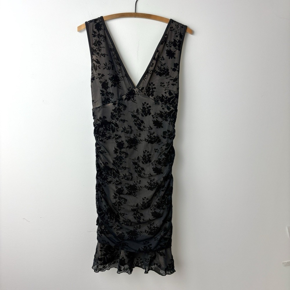 Y2K Mesh Velvet‎ Burnout Dress L Black Bodycon Whimsygoth Indie Sleaze Ruched